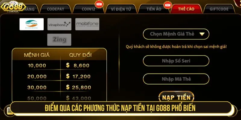 Điểm qua các phương thức nạp tiền tại Go88 phổ biến